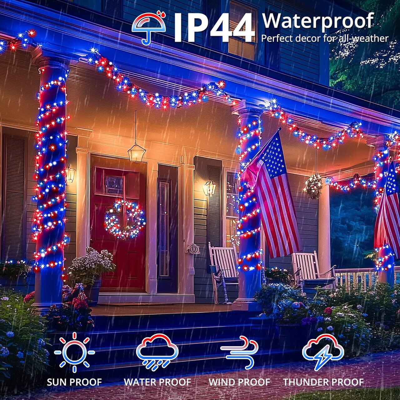 MYGOTO Red White and Blue String Lights,33FT 100LED 4th of July Patriotic Fairy Lights Outdoor Waterproof,8 Modes Memory UL Plug Independence Day Light for Home Party Holiday Tree Xmas Decoration
